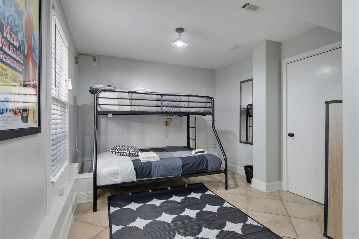 Bedroom 1. Twin over full bunk bed.  (Not pictured: Roku TV.)