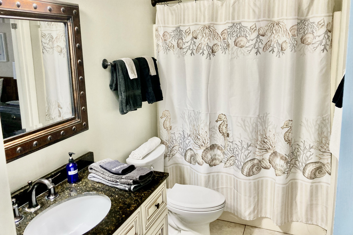 The guest bathroom features a custom vanity with lots of space for all of your things, as well as a tub/shower combo!