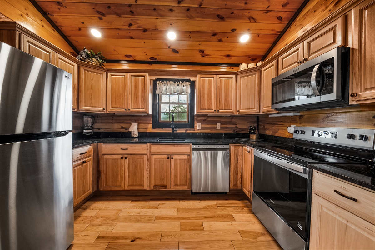 Full kitchen with stainless appliances, granite counters and most things you will need to cook during your stay. If you are not sure and need to know if we have something, please ask me.