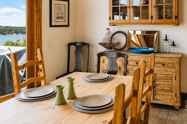 Enjoy meals together in the spacious dining area, surrounded by warm lake-house character and beautiful Lake Travis views. Large windows fill the space with natural light and bring the lake right into the room.