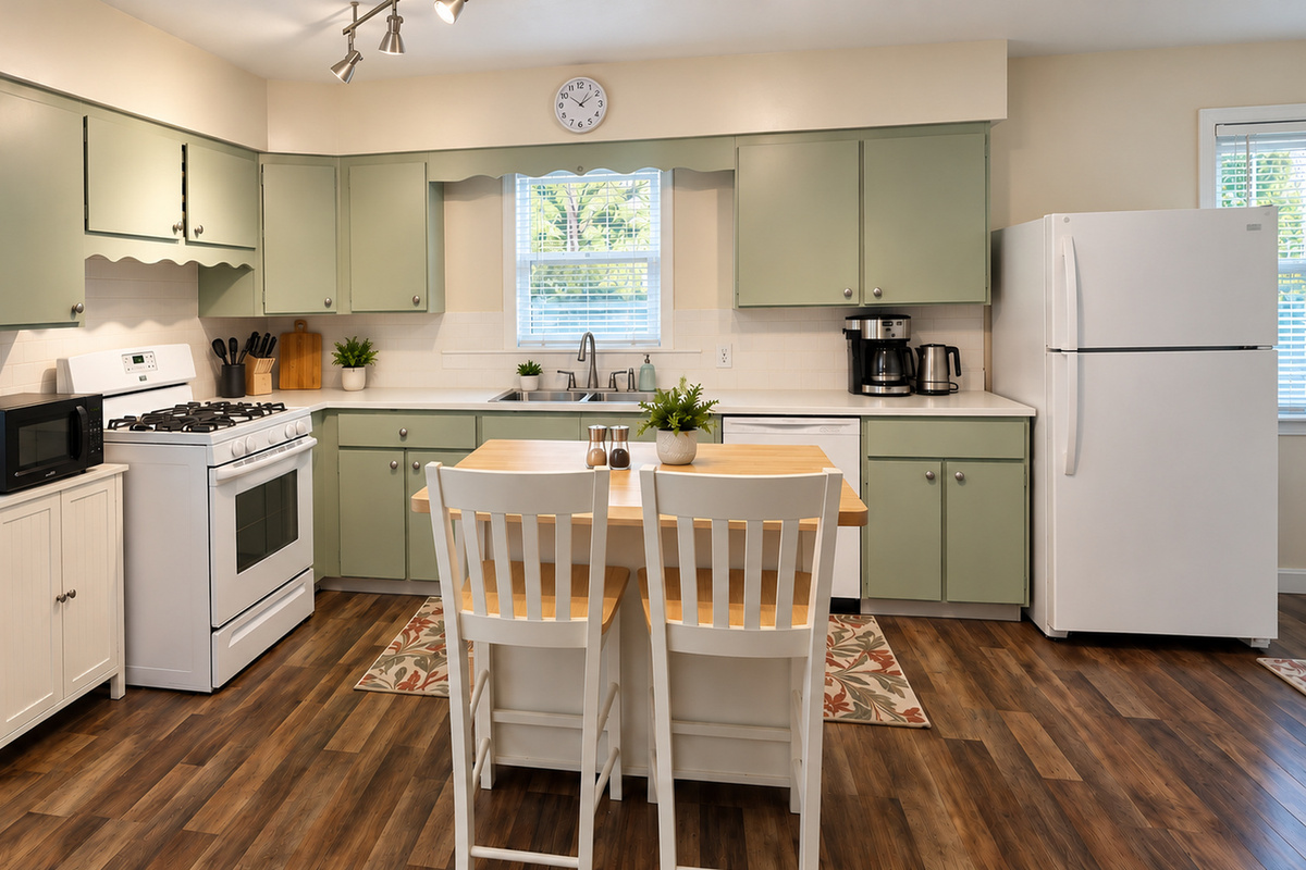 Fully equipped kitchen with island, dishwasher and room to gather.