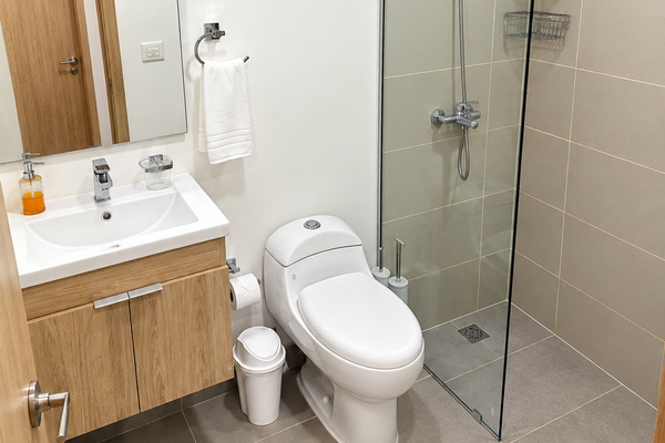 Second full bathroom with a modern vanity and spacious walk-in glass shower. 🚿✨