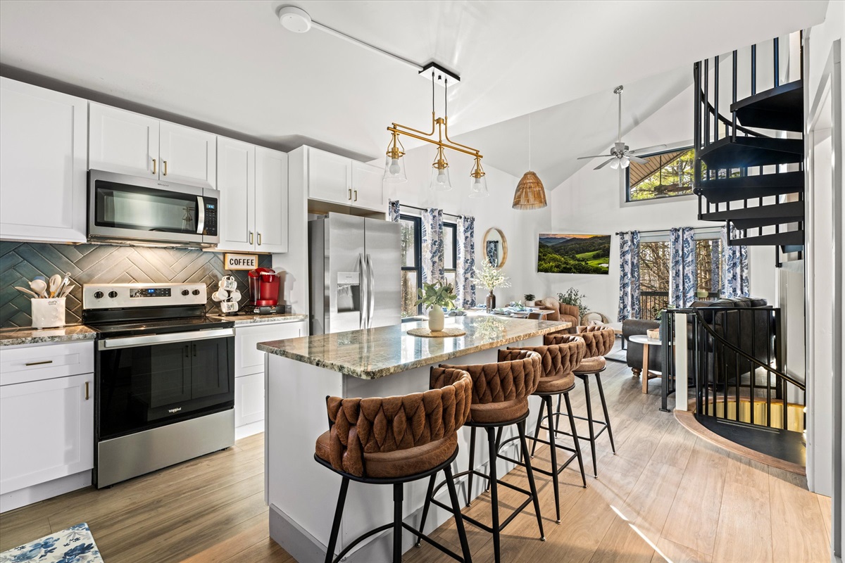 Full kitchen and seating for social gatherings