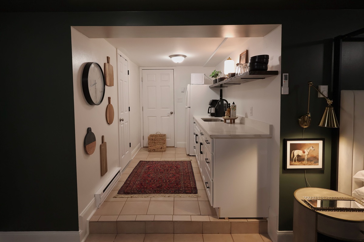 Barn Studio Kitchenette - stocked with air fryer, coffee maker, single serve blender, toaster.