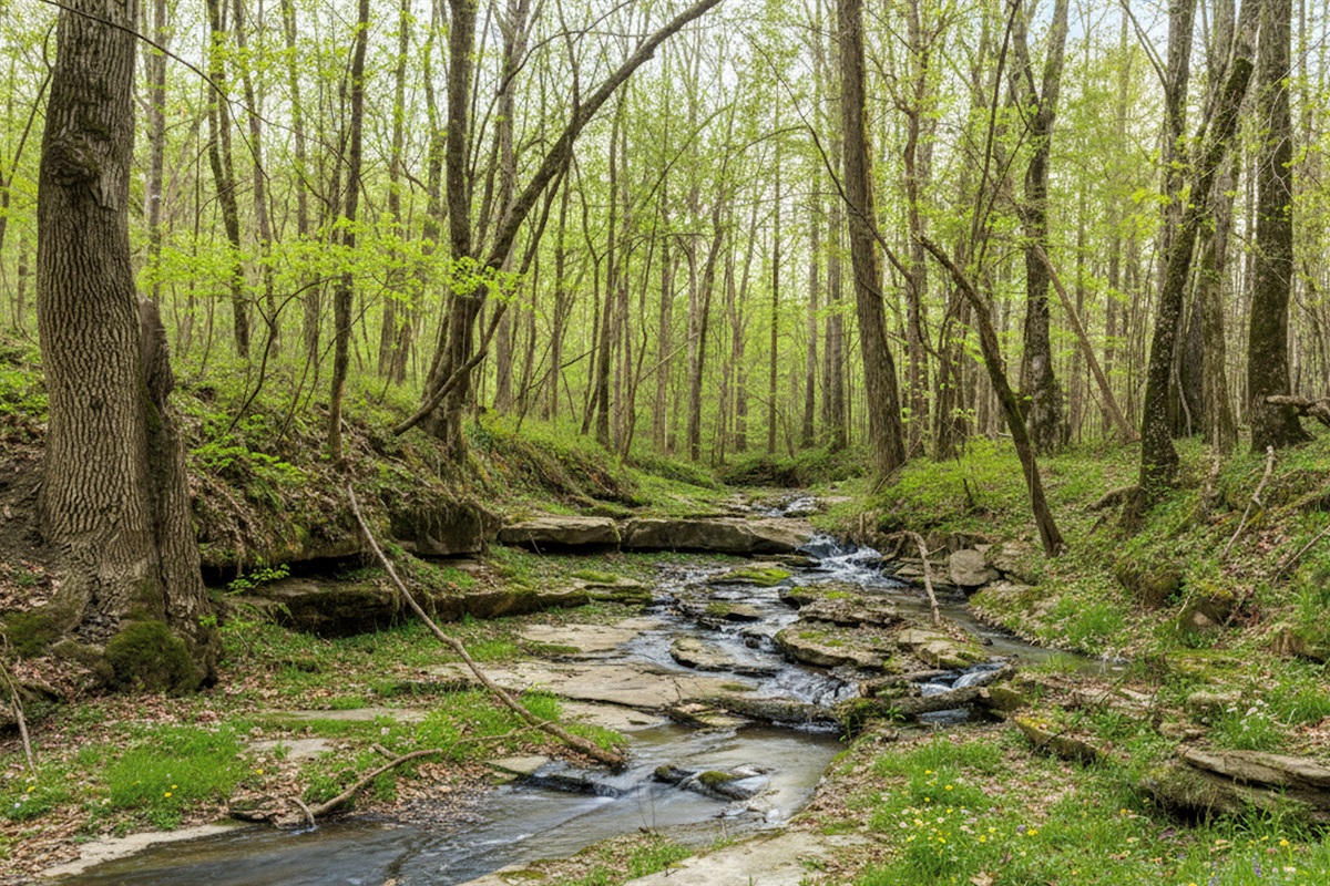 Nature's Retreat: Enjoy serene views by the babbling creek amidst lush forest surroundings!