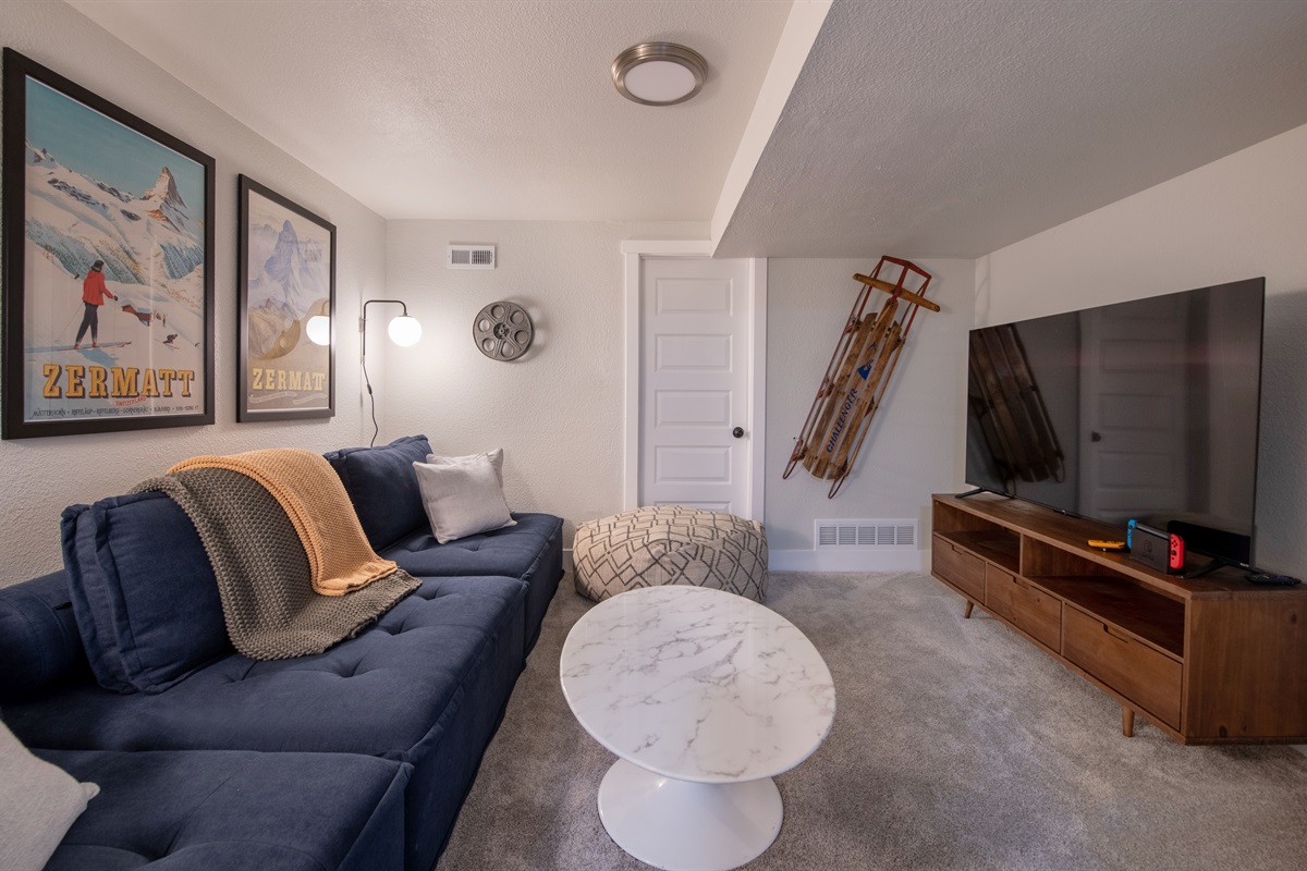 Lower level movie room and living area.