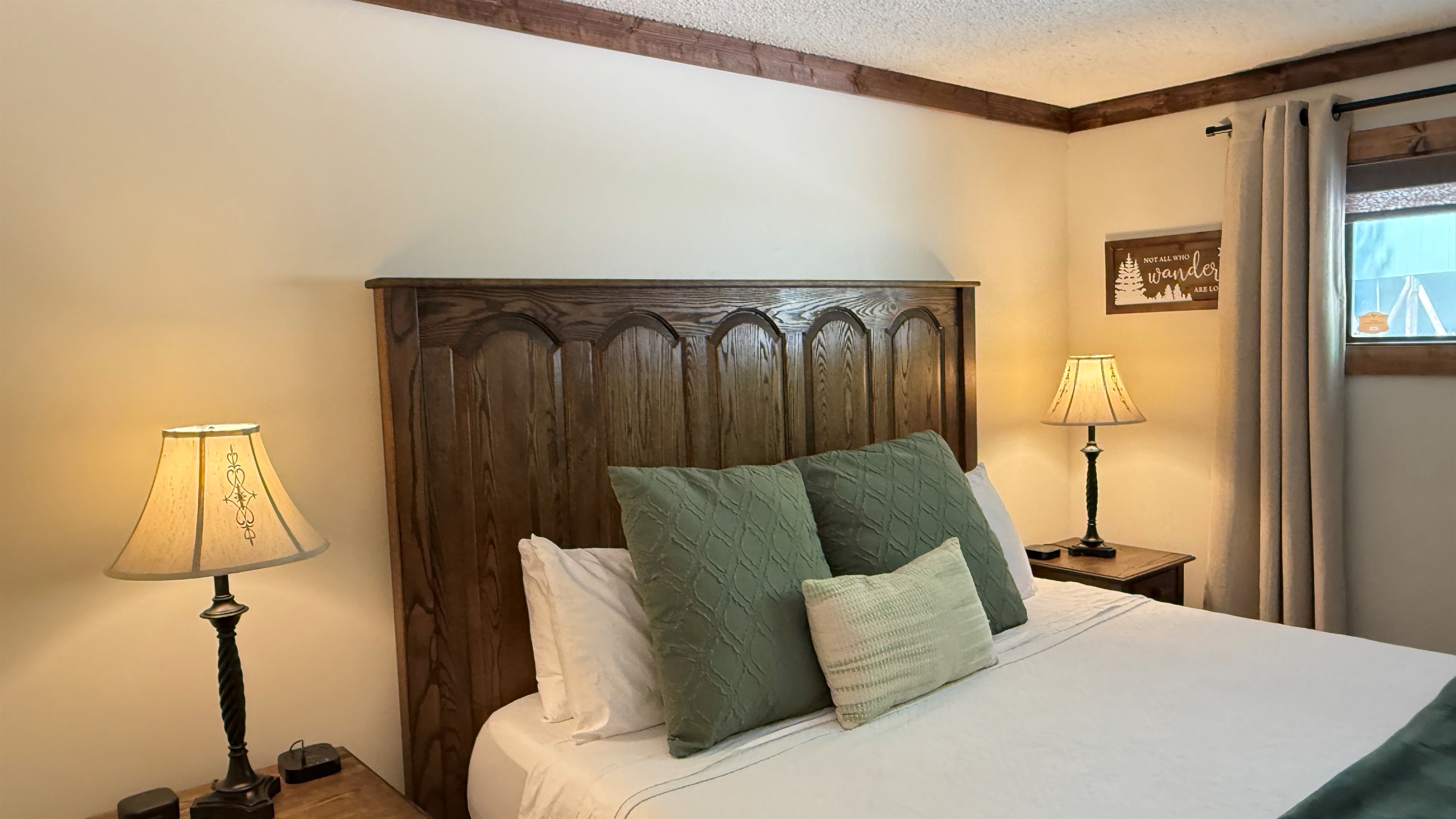 Close the black-out curtains, turn on the sound machine to your favorite white-noise, plug your phone in the charging block, and then lay down on the luxurious king size bed to recharge for the next days adventure.  You might not want to leave though!!