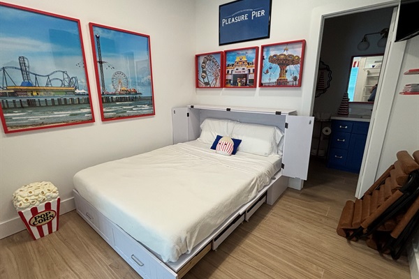 The murphy bed folds out into a comfortable place to sleep. It's an easy bed to set up when you need extra bed space. 