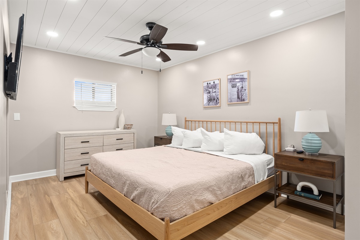 There are two bedrooms upstairs, each with a king bed and 55" Roku-enabled TV. After a busy day on the sugar sand, guests will enjoy the ability to relax with their own space and ensuite private full bathroom.