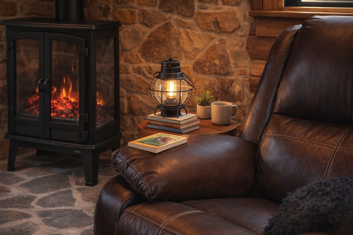 Evenings are best spent here—with a flickering lantern, plush recliner, and warm fire setting the mood for ultimate relaxation.