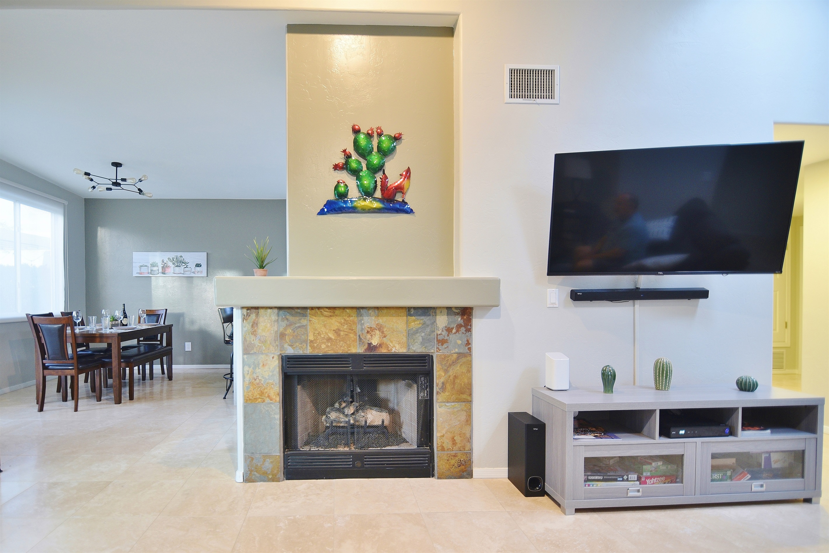 During the cooler months keep things warm and cozy with the gas fireplace while reading a book or watching TV.