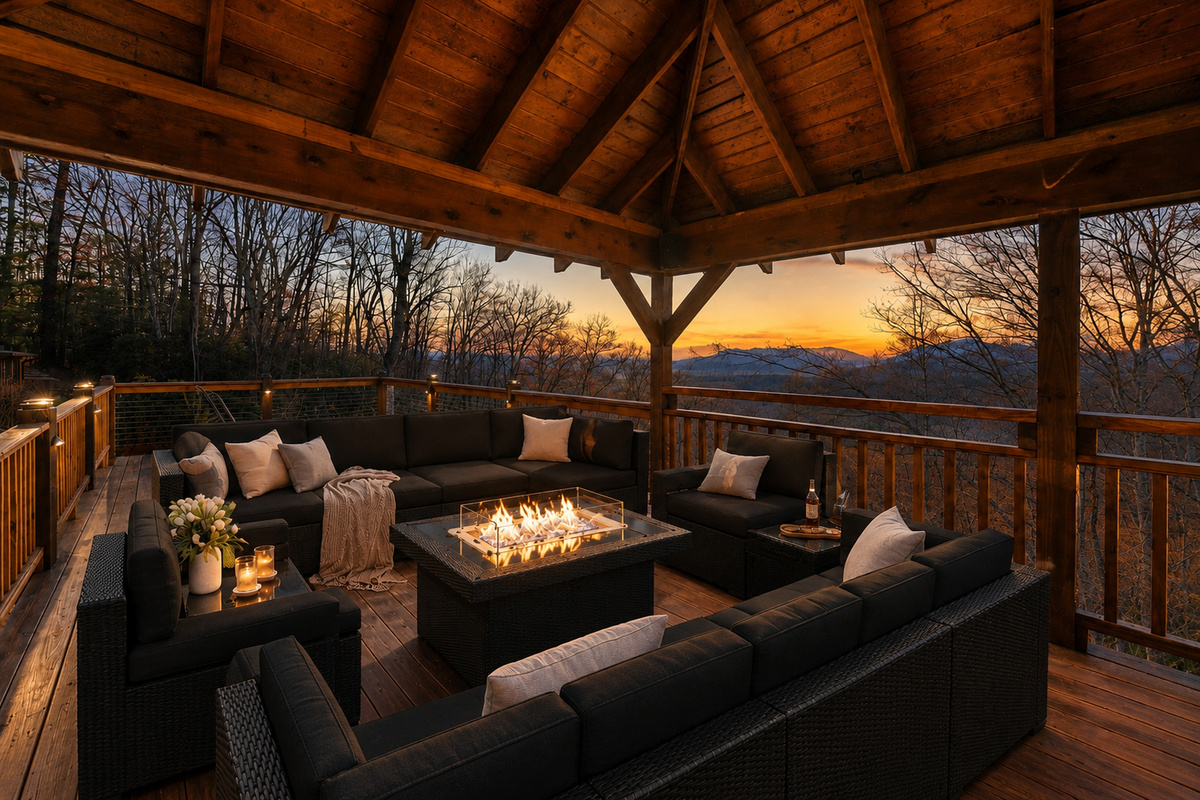 {Upper Deck} Gather around the fire table, take in sweeping mountain views, and end each day beneath a sky full of stars from your private upper deck.