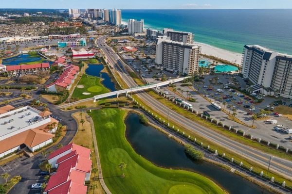 Aerial view of the resort's pedestrian bridge