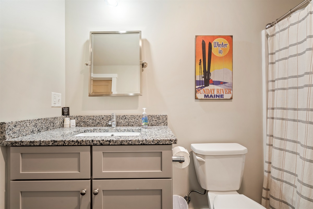 Basement bathroom featuring a full shower and tub combination with toilet.