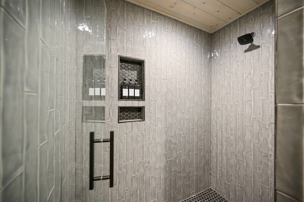 Sleek and modern walk-in shower with shampoo, conditioner and body wash.