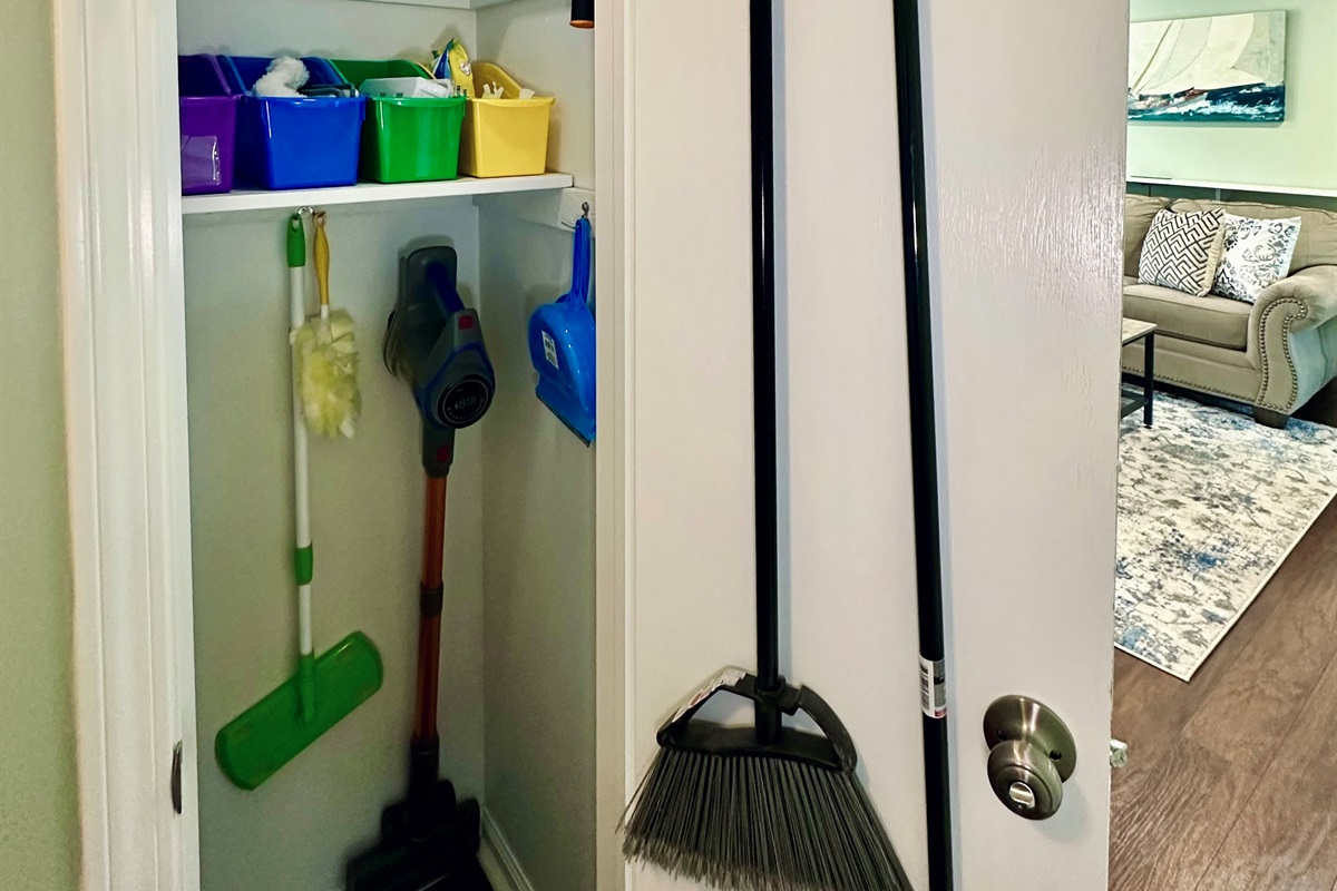 Dedicated hallway closet fully stocked with cleaning and maintenance supplies. Includes broom, dustpan, mop, vacuum, organized bins with surface cleaners, disinfectants, additional mop and dust pads, and other household essentials.