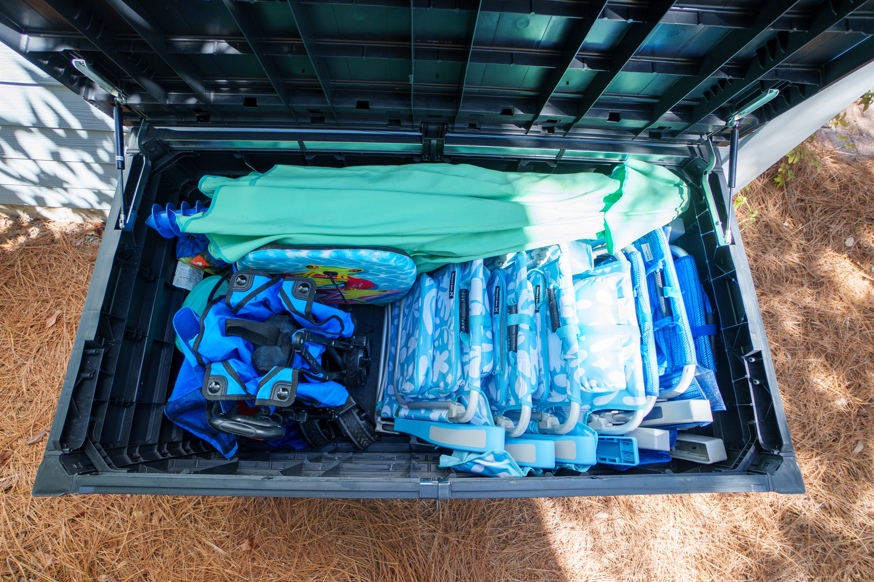 Beach gear is conveniently stored in a large bin for easy use and return during your stay.