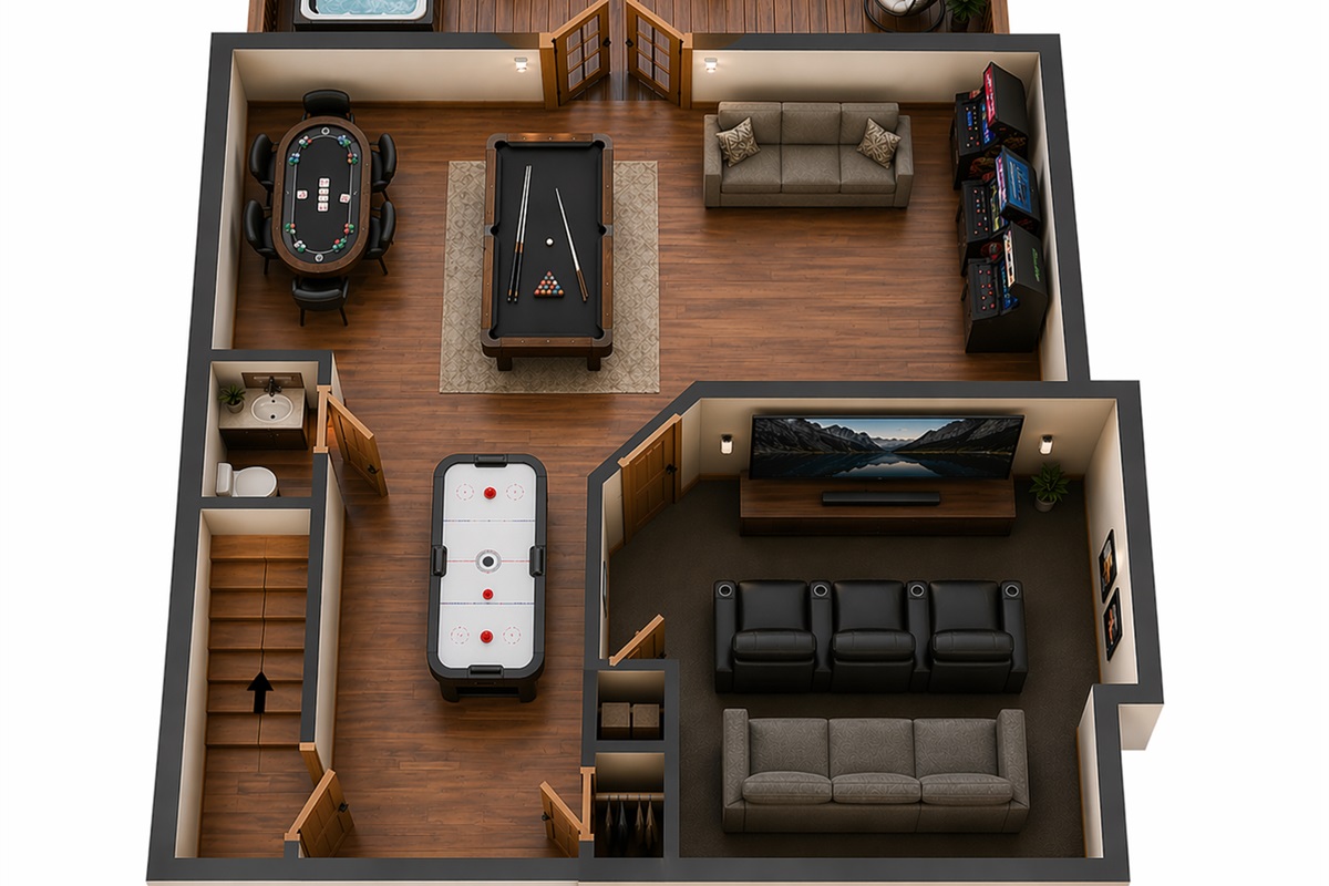3D floorplan rendering of the basement. Furnishings and furniture placement are not an exact depiction.