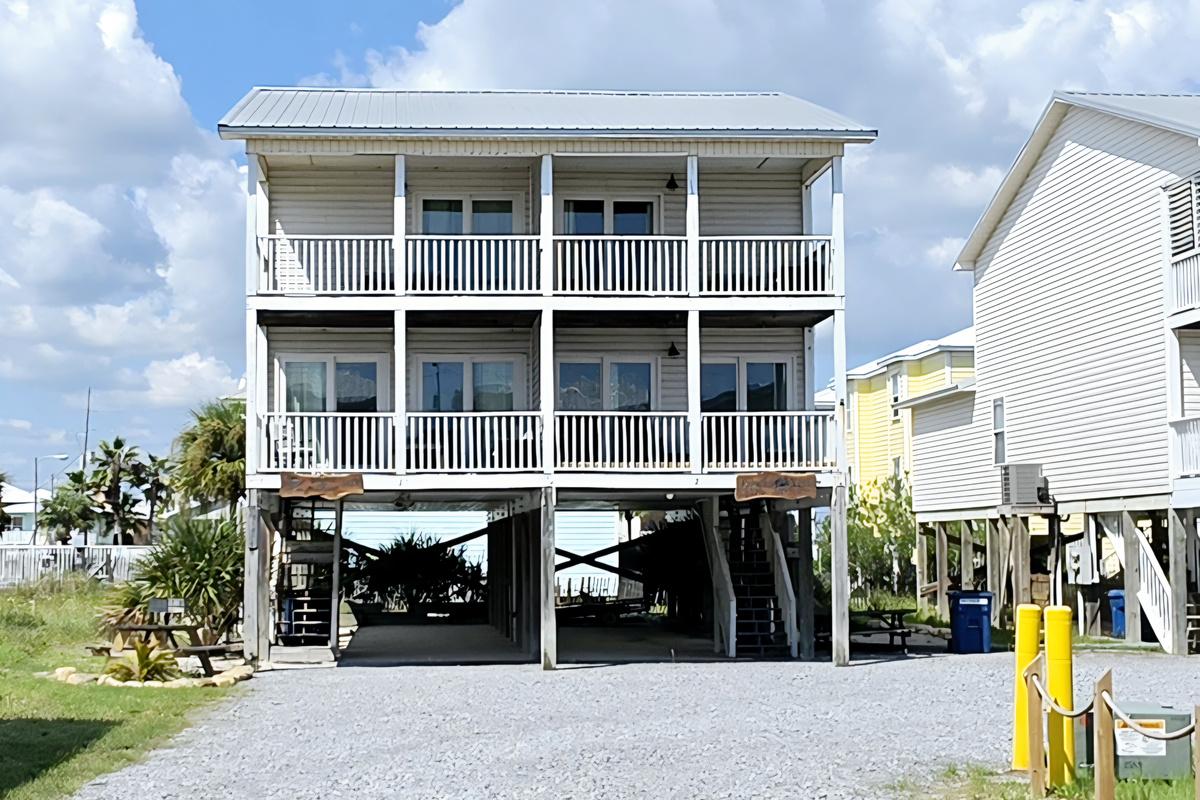 Both sides of the Pirates duplex, with covered balconies on both levels