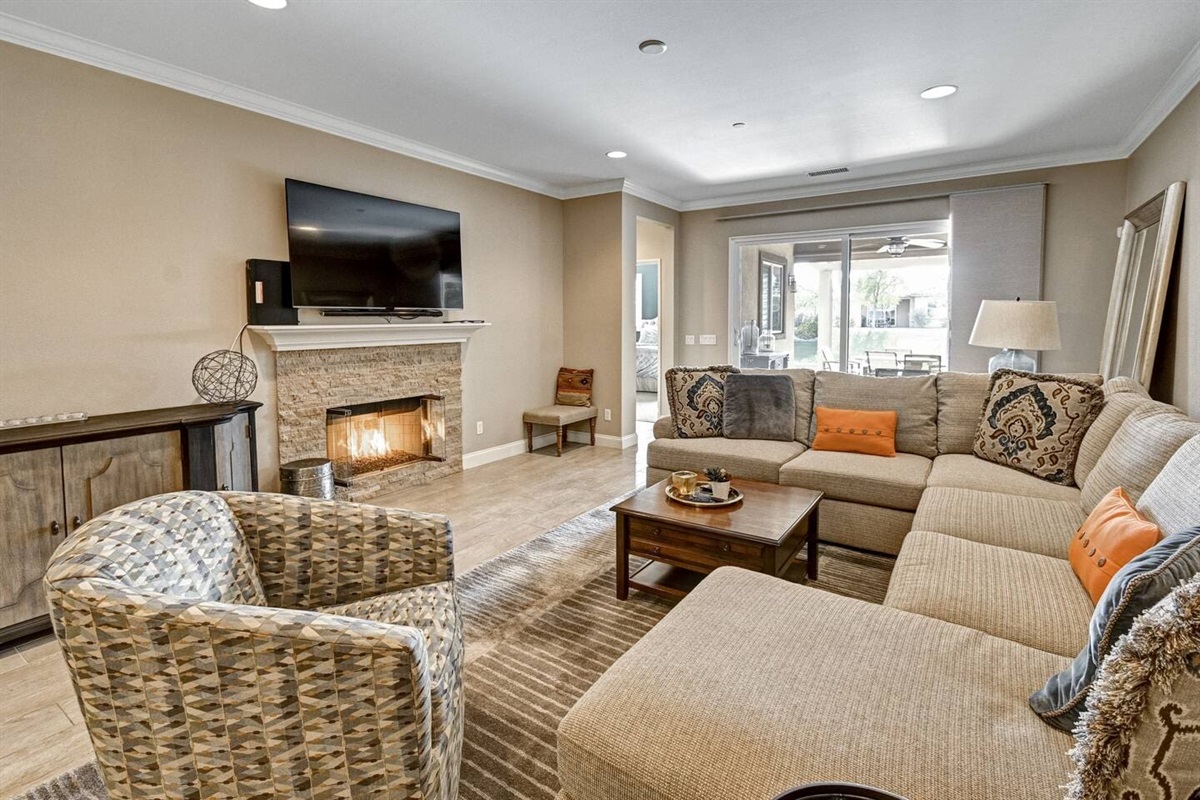 Living Room, Fireplace and Entrance to Back Patio