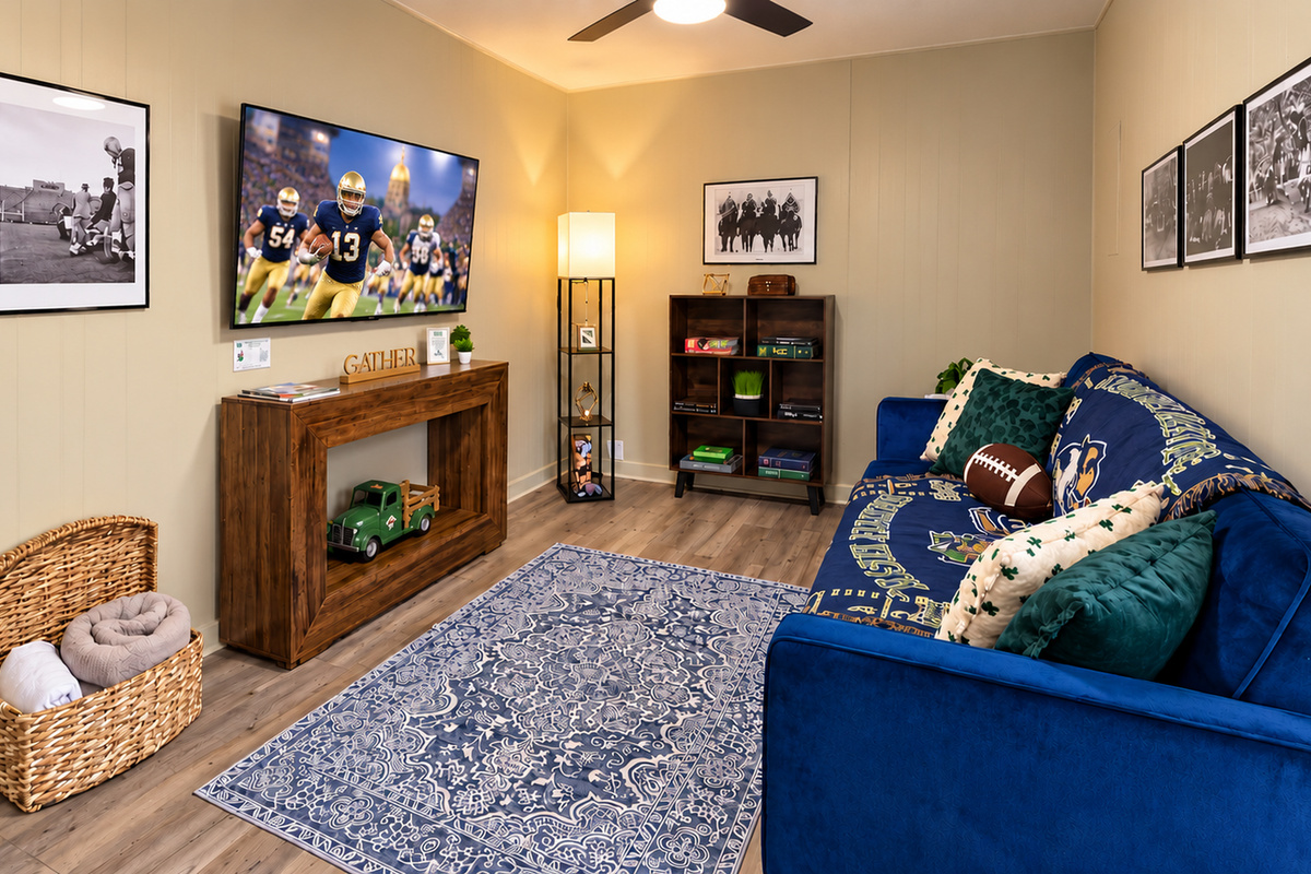Notre Dame-inspired den with 55-inch TV, sleeper sofa, and plenty of Fighting Irish spirit!