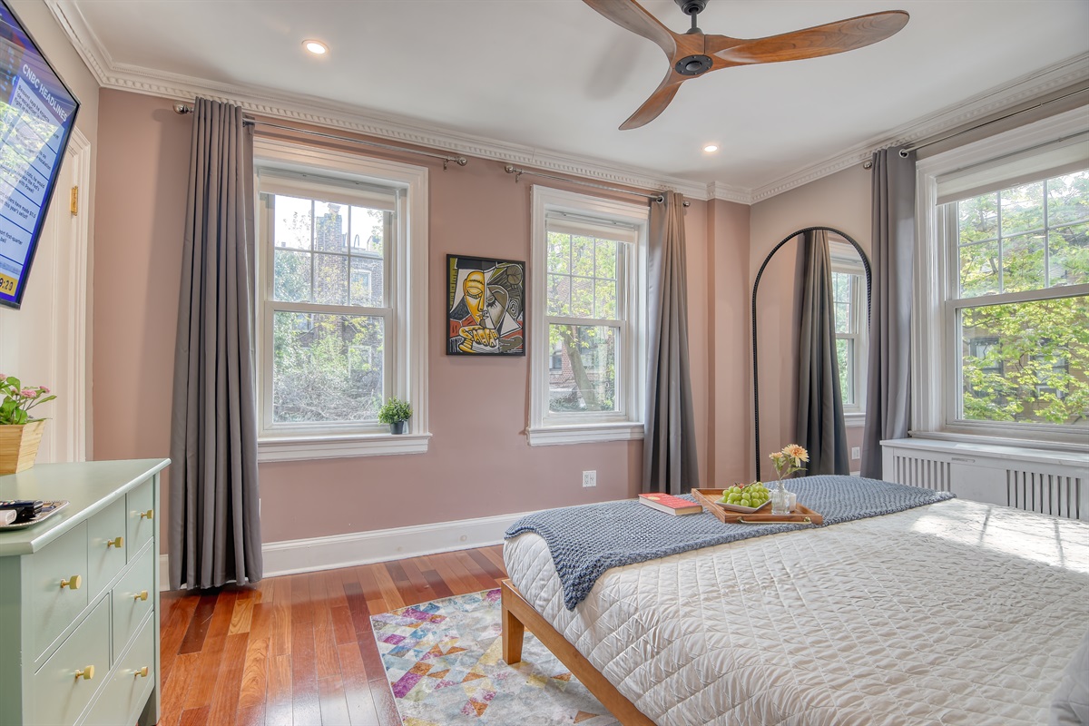 King Bed #2, 50" Tv, ceiling fan, windows providing lots of natural light.