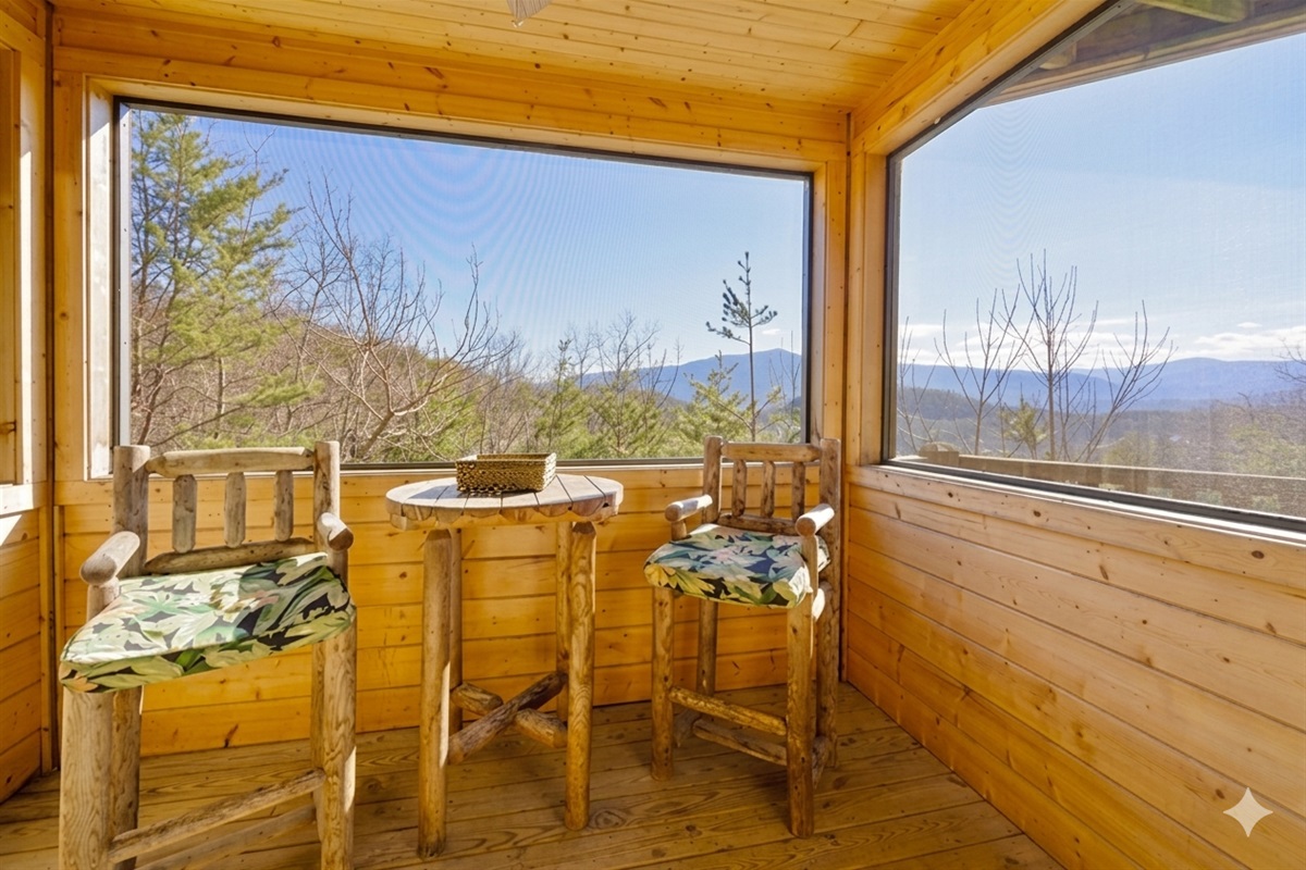 Start your morning surrounded by nature, sip coffee from rustic log chairs as sunlight pours through the windows and mountain peaks greet you in the distance.