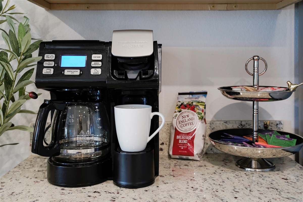 Enjoy fresh coffee and tea every morning with our provided coffee station