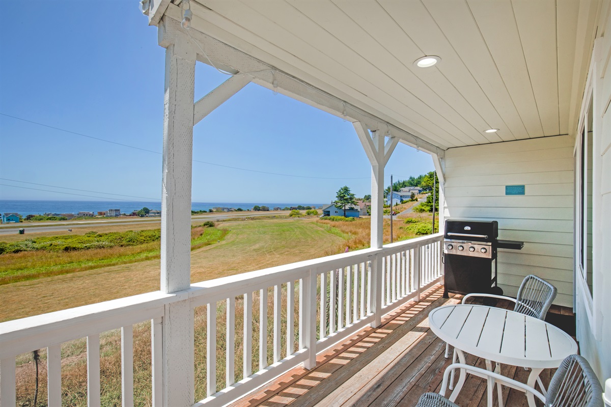 Private covered deck of Unit 1 with Ocean Views and BBQ Grill