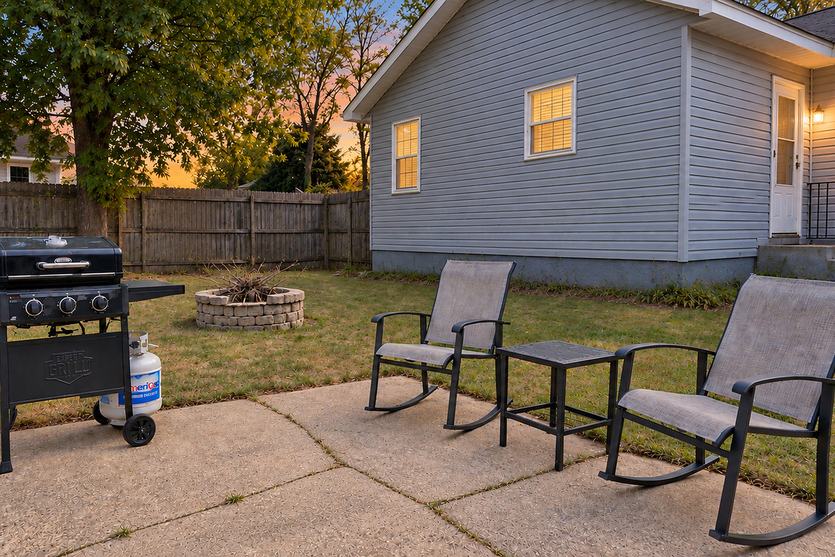 Relax outdoors with a gas grill, fire pit and comfortable rocking chairs.