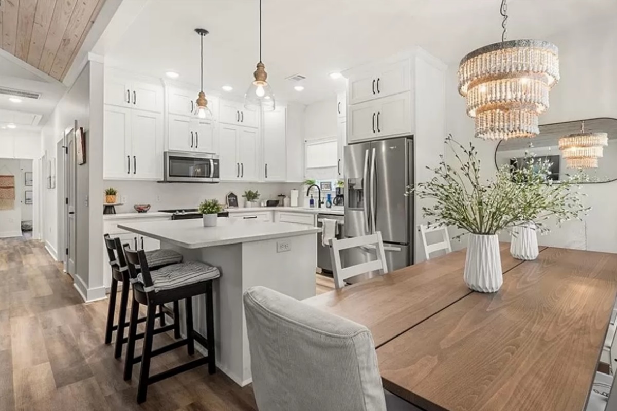 The eat in kitchen has seating for 6 at the dining table.