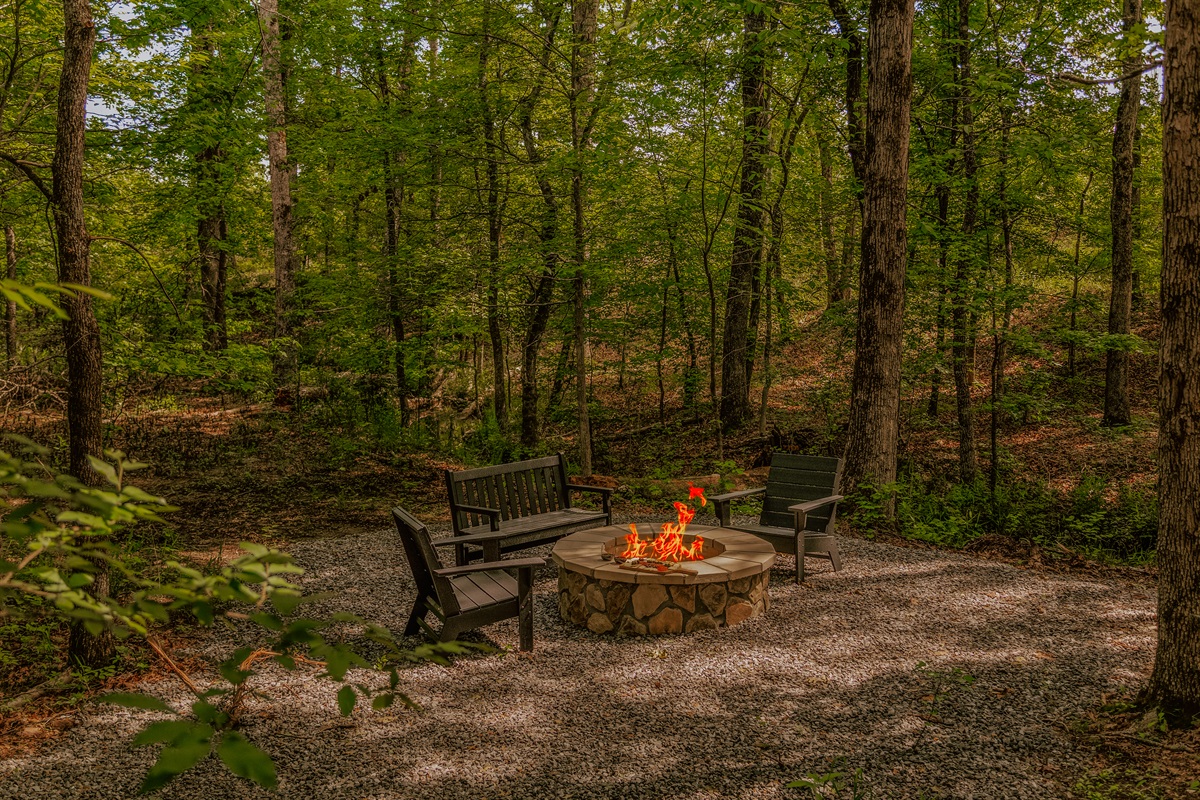 Our new fire pit down by the creek, surrounded by nothing but forest