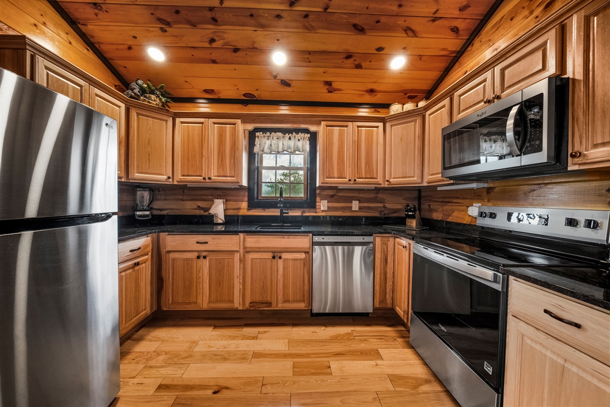 Full kitchen with stainless appliances, granite counters and most things you will need to cook during your stay. If you are not sure and need to know if we have something, please ask me.