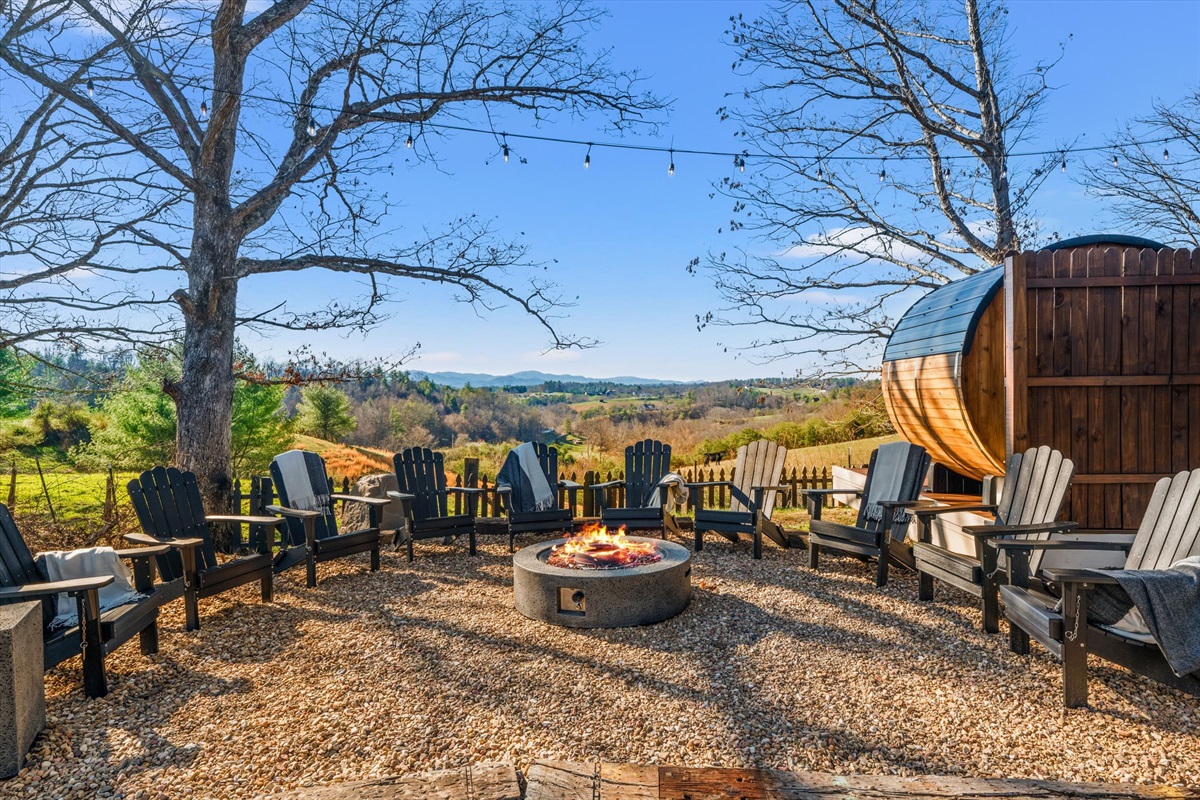 {Fire Pit}
Luxe propane fire pit with Adirondack seating for 10, ideal for evenings under the stars and string lights. 