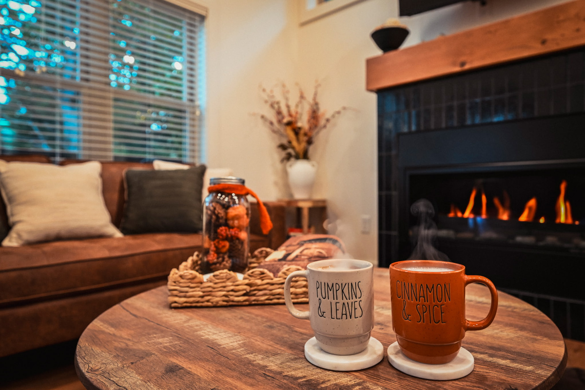 Enjoy a warm drink by the fire. 