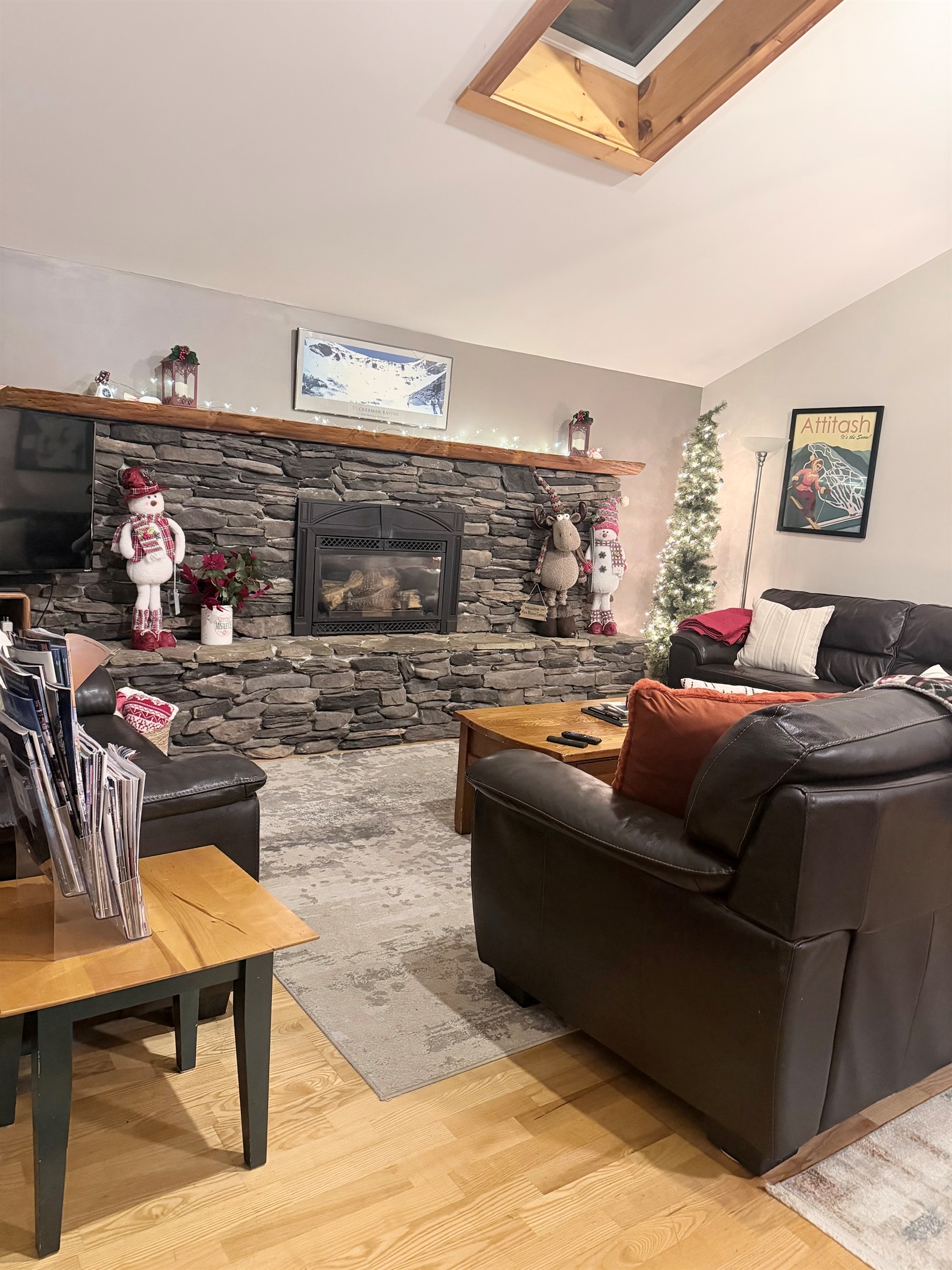 Cuddle up by the fire in the cozy living room 