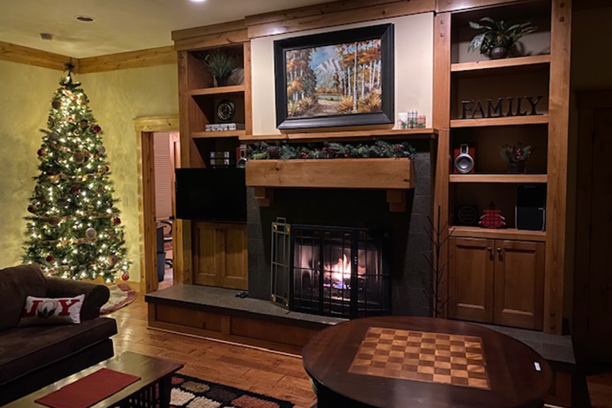 Christmas tree and decor are set up for the holiday season