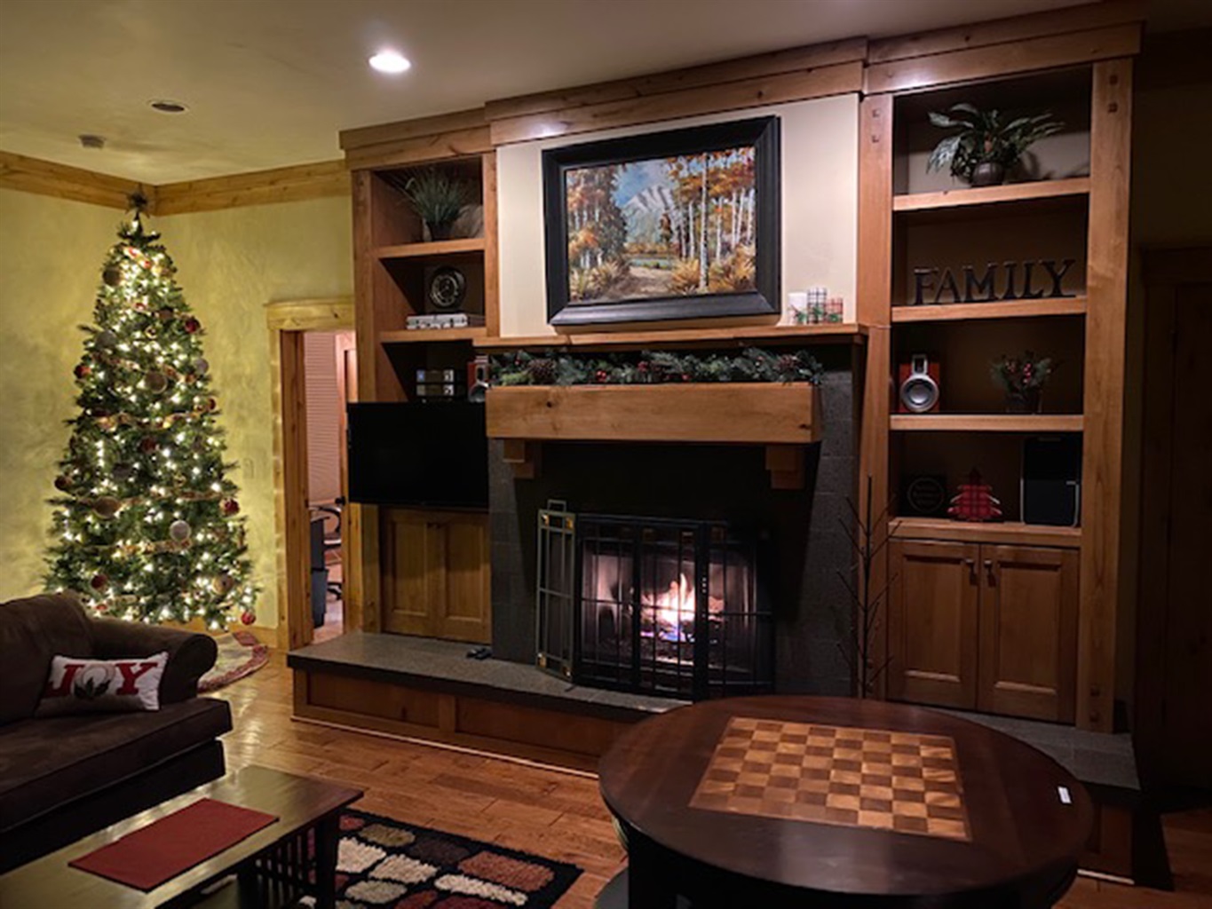 Christmas tree and decor are set up for the holiday season