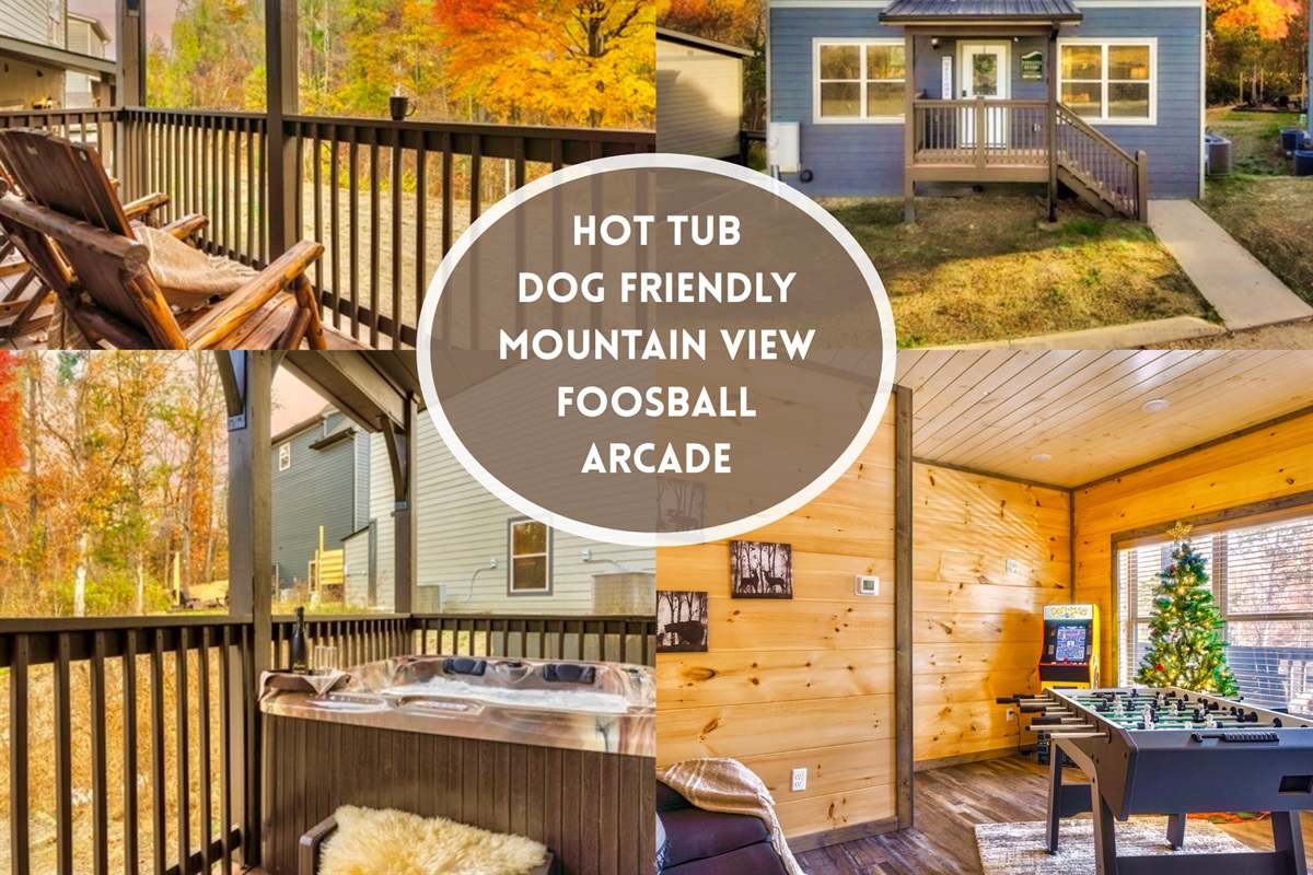 Relax in this dog-friendly mountain cabin featuring a hot tub, stunning mountain views, foosball, and a fun arcade room. Perfect for a peaceful getaway with all the comforts of home!