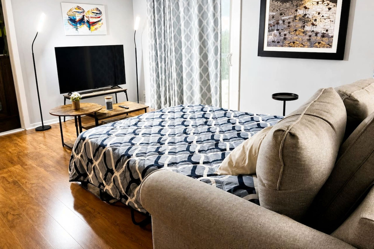 Living room with couch opened up