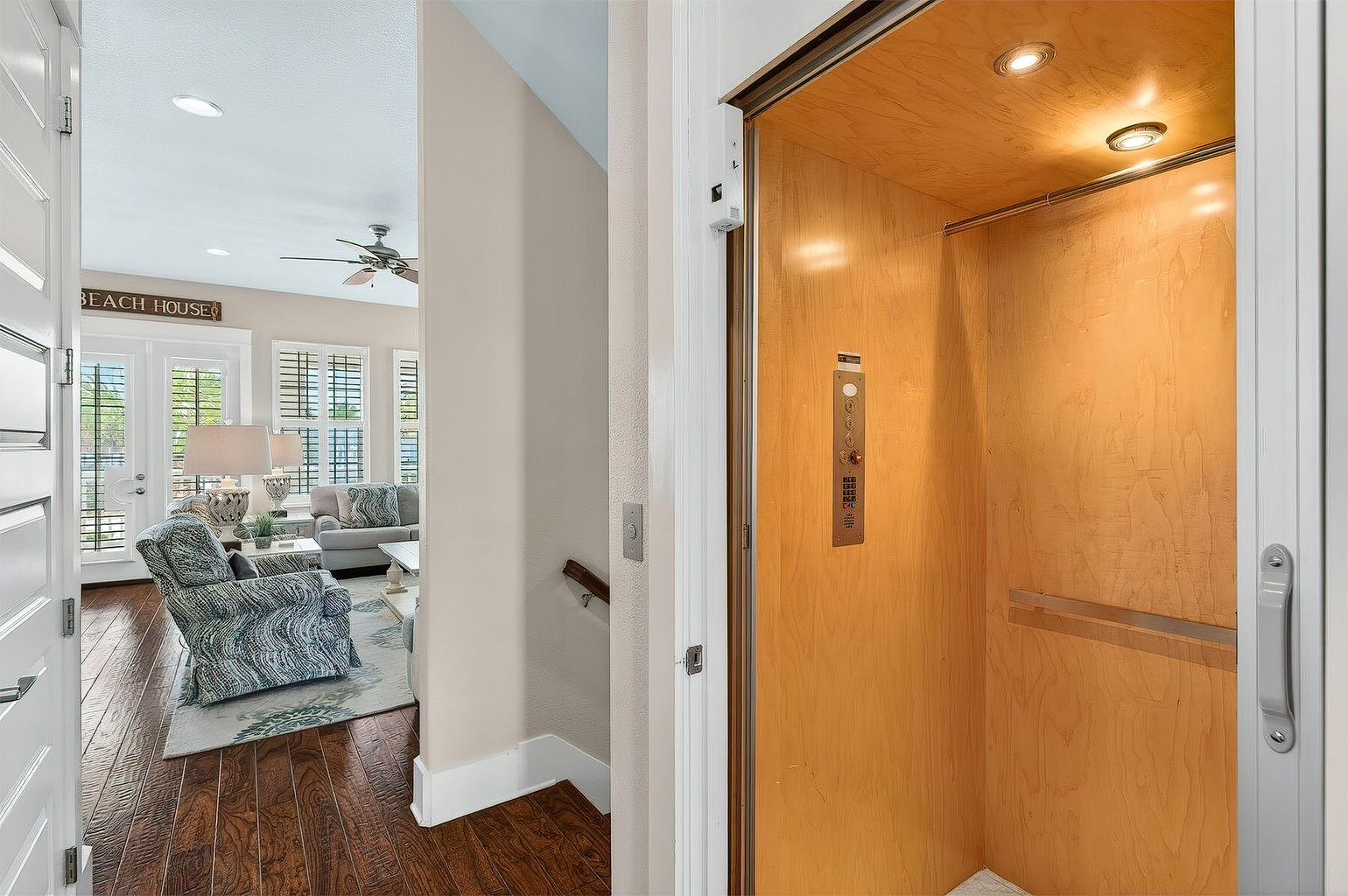 Enjoy the convenience of a private in home elevator, making every floor easily accessible while adding an extra touch of comfort to your 30A stay.
