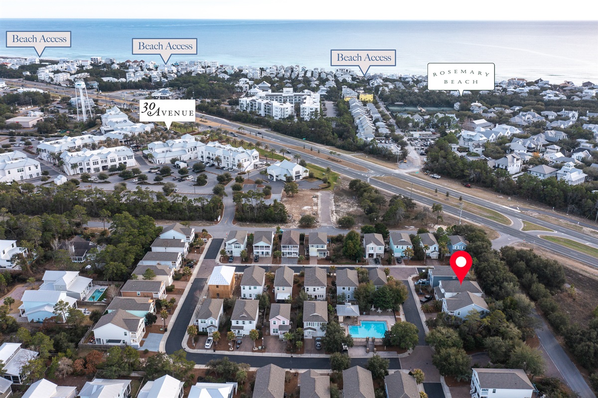 Aerial View: This perspective highlights the home's unbeatable proximity to the heated pool and 30Avenue.