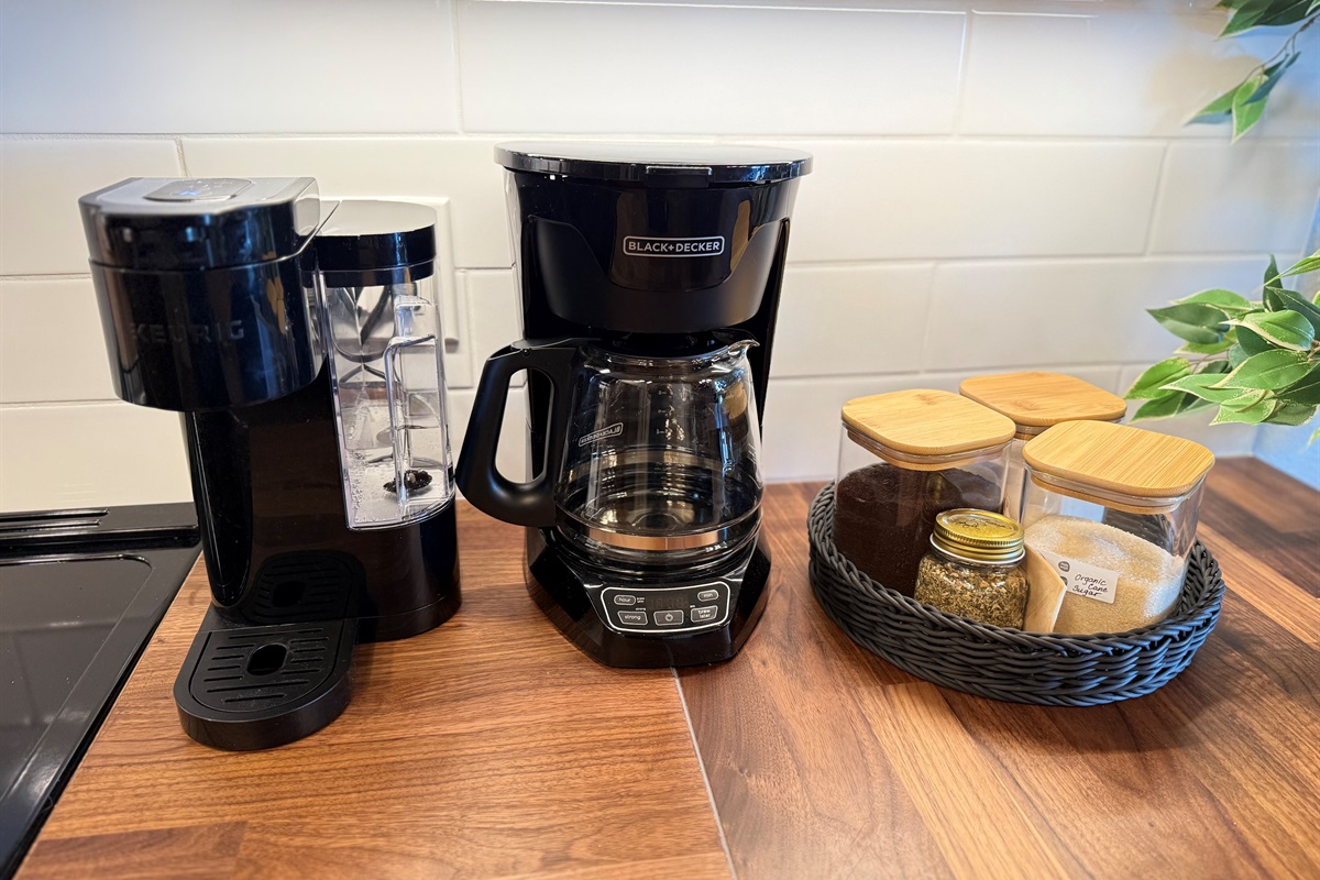Complimentary Coffee Station: Start your mornings right with a Keurig and drip coffee maker provided. We offer a starter pack of local coffee to get you going!