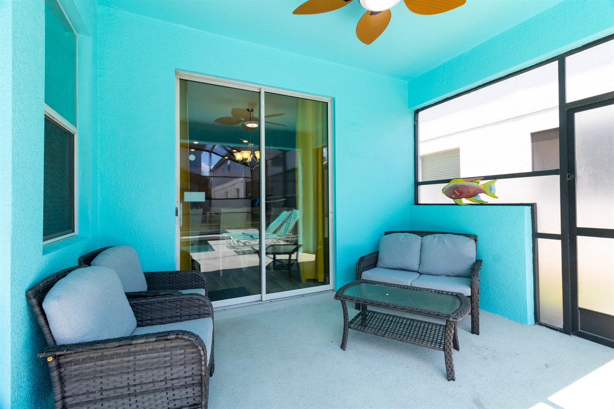 Patio seating at Villa Ichabod