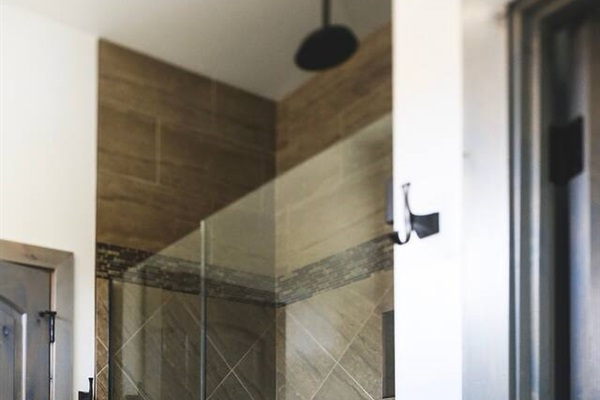 master shower with dual shower heads including rain head