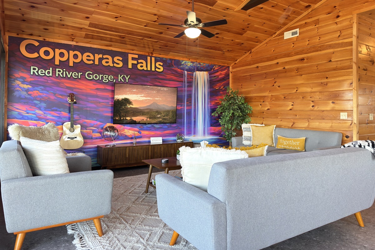 Upstairs living room with new mural