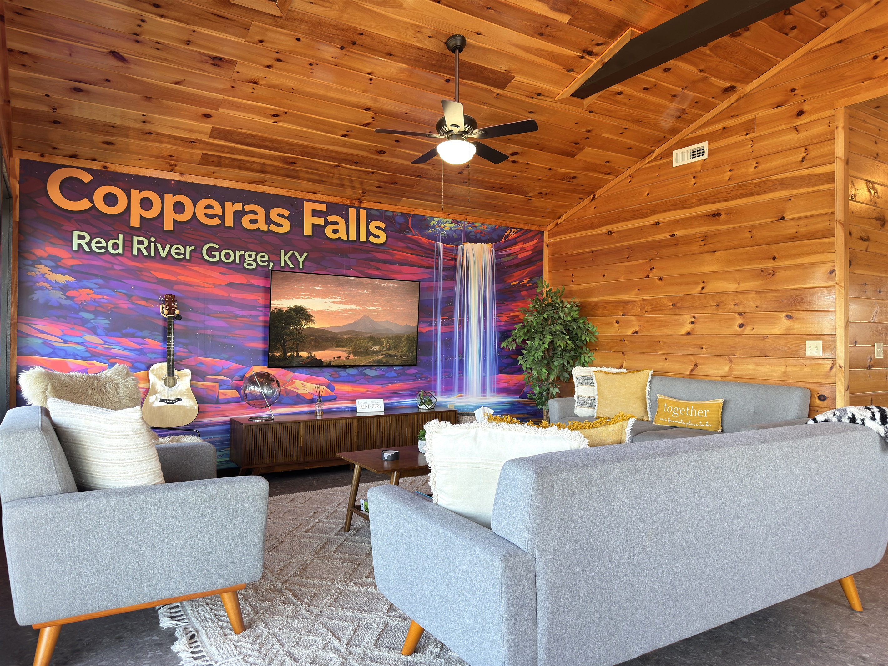 Upstairs living room with new mural