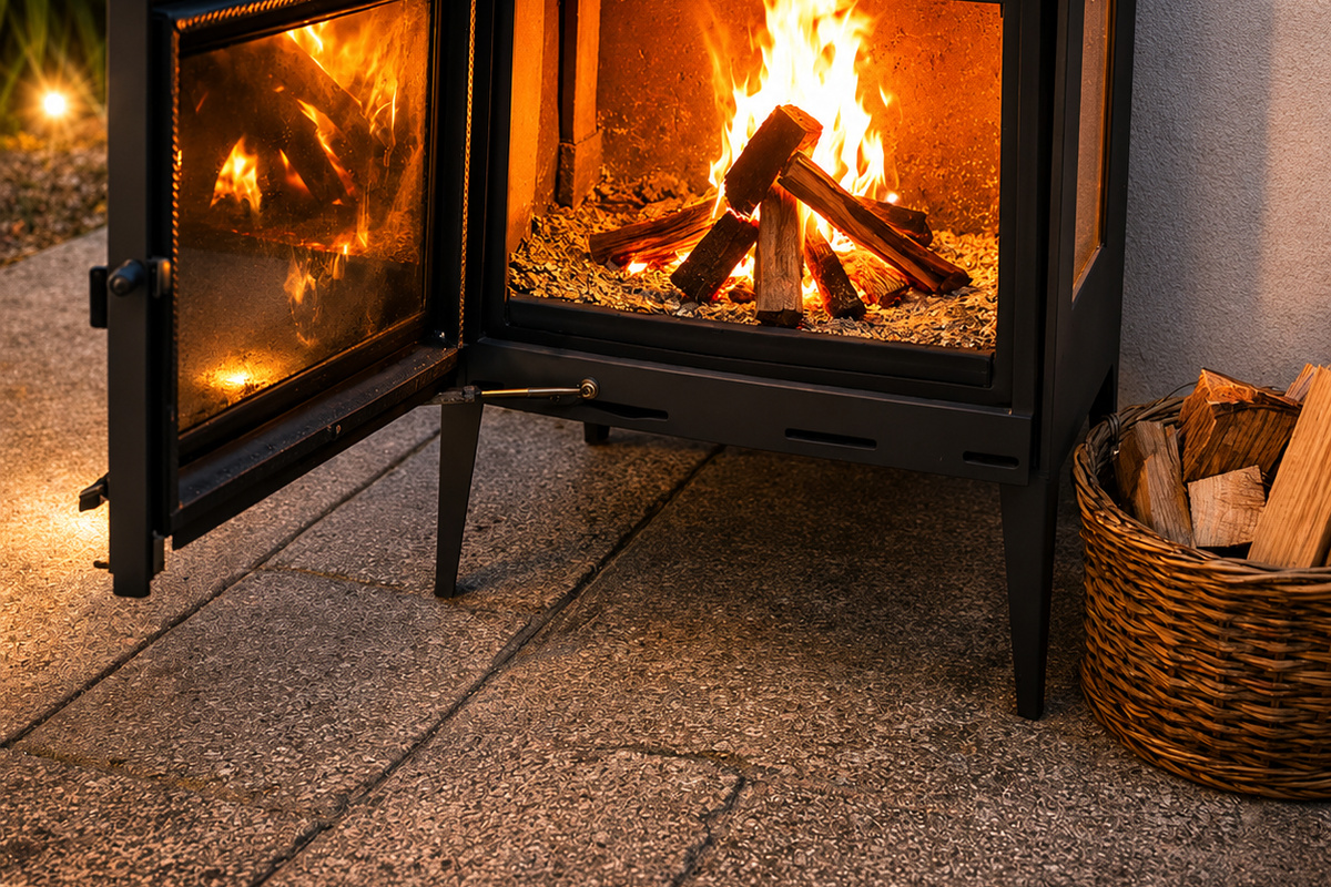 Outdoor fire pit zone at Sant’s Beach Retreat, set beside the alfresco spaces, private pool and fenced backyard.