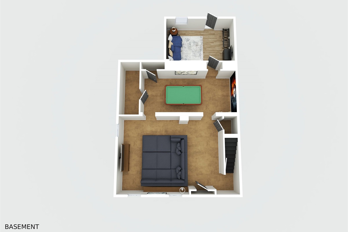 Basement with living area, Pool Table and Bedroom