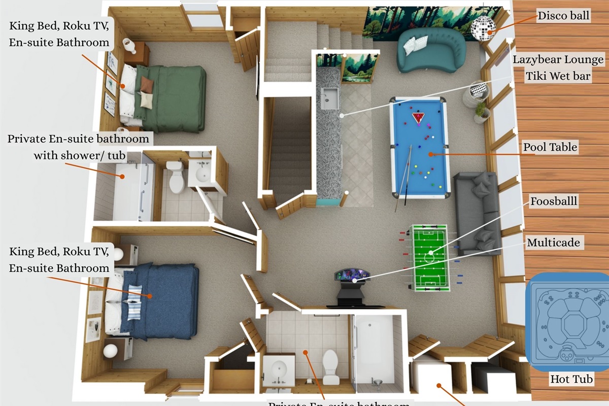 Lazybear Lounge level (one level down from main floor) two king suites, tiki lounge with pool table foosball and multicade, wetbar and microwave, disco ball. washer dryer. hot tub outside on the deck on this level. 
